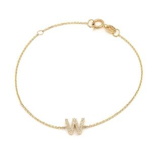 14K Real Yellow Gold  Initial ”W” Single Prong Diamond Bracelet 7+1″